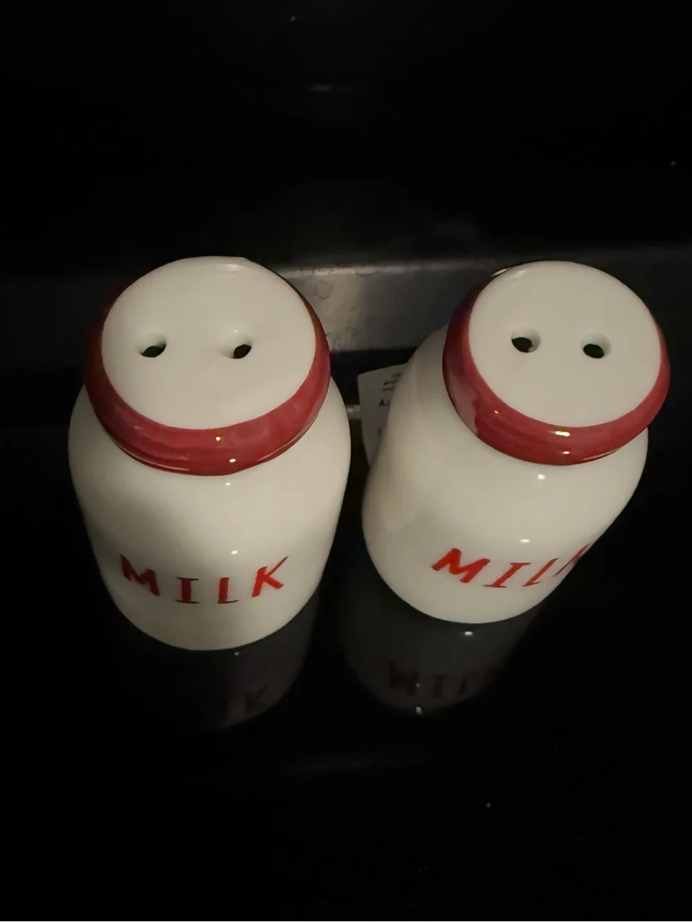 Milk Bottle Ceramic Salt and Pepper Shaker Set - White and Red mini
